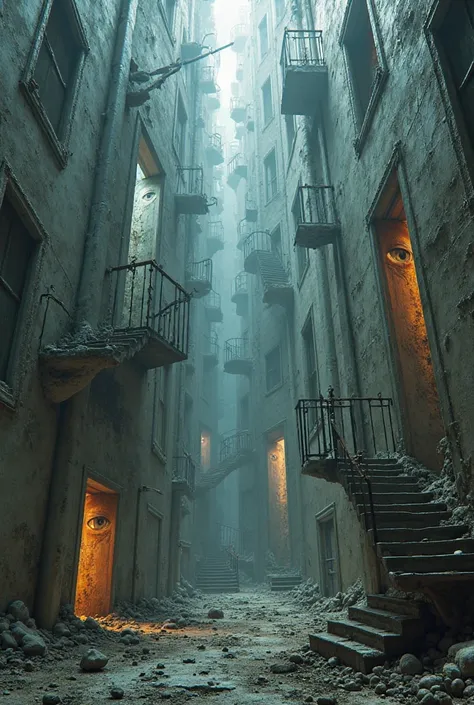 A surreal, symbolic landscape representing schizophrenia using only doors and gates. The scene is filled with mismatched doors m...