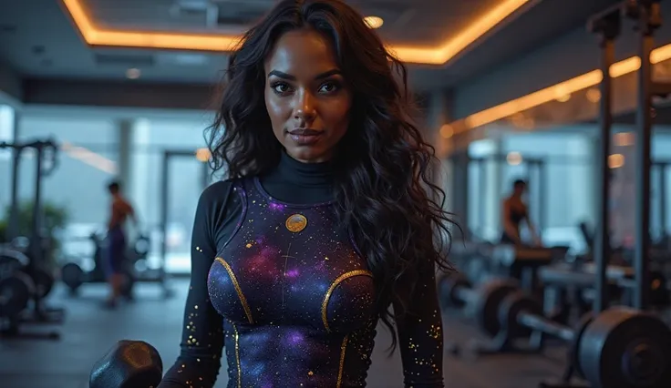 Dark-skinned female character, as if telling secrets of the universe, Her eyes are mystical and contrasting, a black turtleneck ...