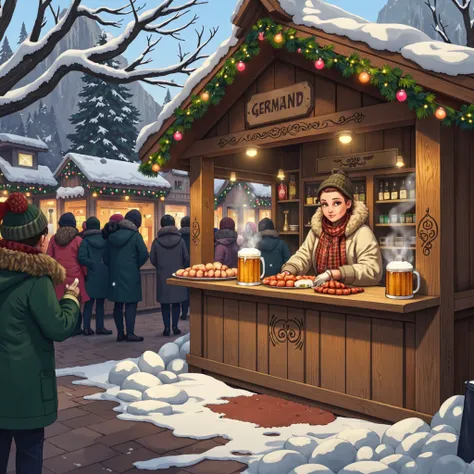 German stall、beer、small sausages、winter、snow、Real