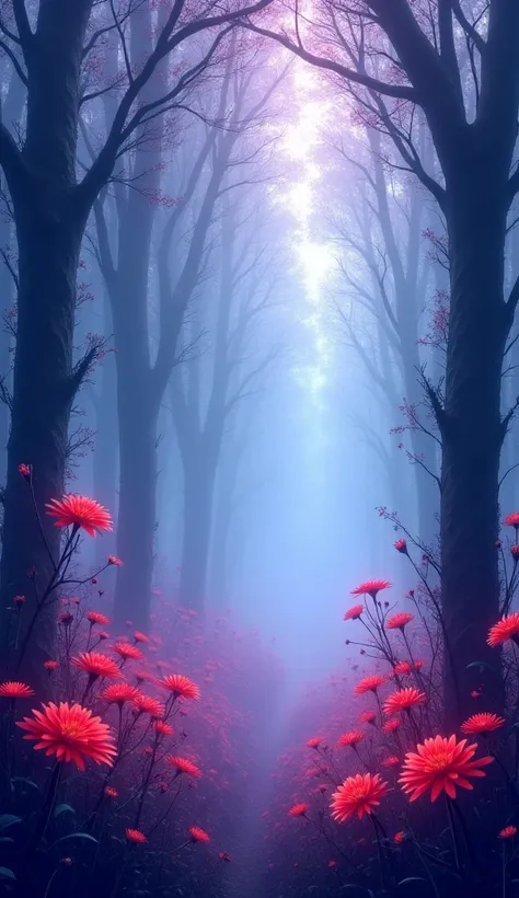 Violet mist in the blue forest. Bright red flowers