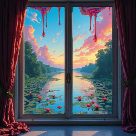 "A surreal, psychedelic window seen from the front. The top half of the glass shows melting, colorful clouds in vivid psychedeli...