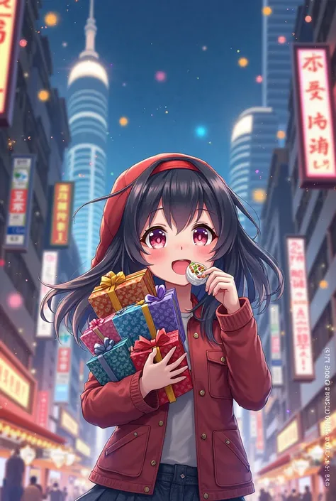 anime-style city background with happy ren with gifts and eating