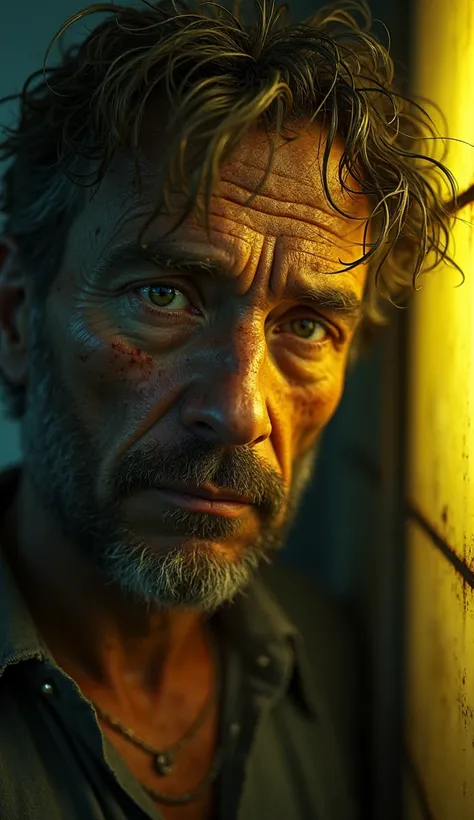 Close-up of the disheveled man with greasy hair, dirt on face, sunken eyes, yellowish dim light inside the room.