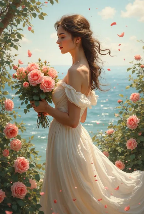 Une belle femme ramasse des roses sa robe  en est plaine le vent en apporte jusqu'à la mer