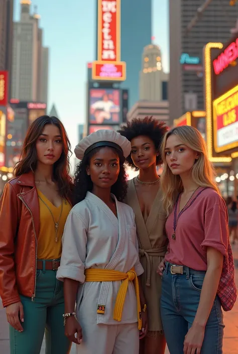 generate image ultra realistic of a group of friends, a sailor, a black man who fights jiujitsu, an indigenous woman, a blonde w...