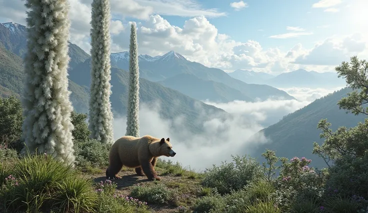 Make an image of Colombian paramo with only Frailejones, Tabaquillos y Relentes genus Espeletia and Andean Bear.