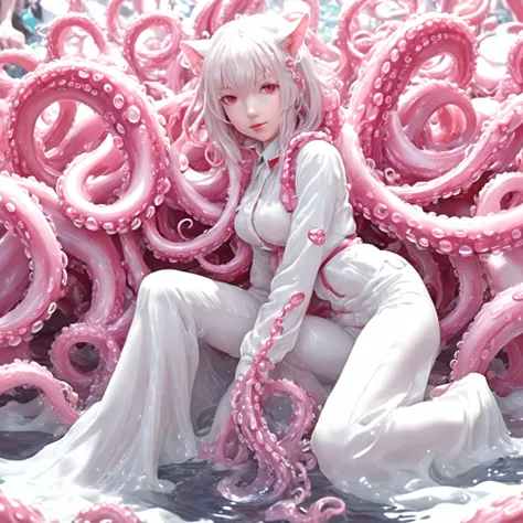 1 girl, cat girl, tentacles, x-ray pussy, penetration of tentacles into the uterus, ahegao, anal penetration, sex in air.