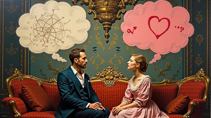 6. Depicting a man and woman seated in an ornate 17th-century salon. Between them hang two large speech bubbles: his filled with...