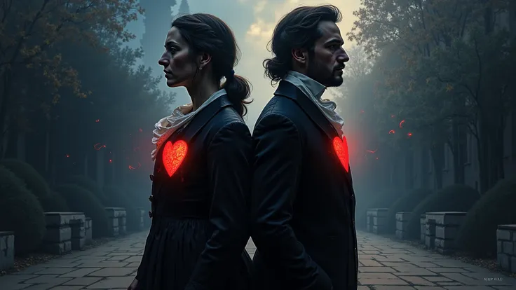 2. Depicting two silhouettes dressed in 18th-century formalwear standing back to back in a stone courtyard at twilight—one has a...