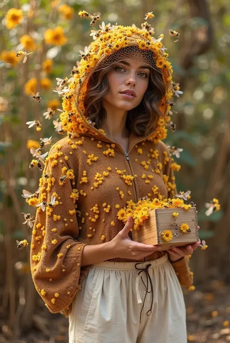 femme arafée dans une chemise marron et un pantalon blanc tenant une boîte en bois avec une ruche, Miel and bee hive, Grande Com...