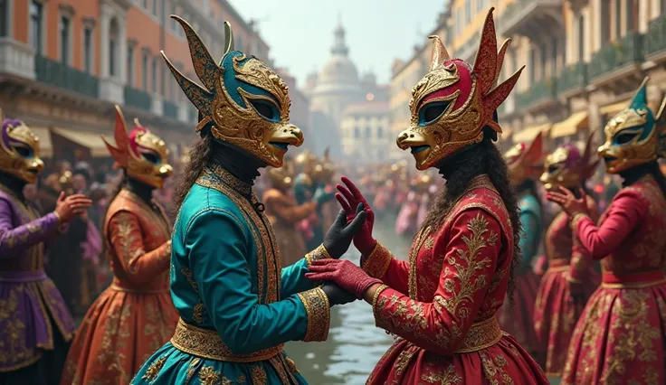 People at Venice Carnival wearing hand masks smiling.