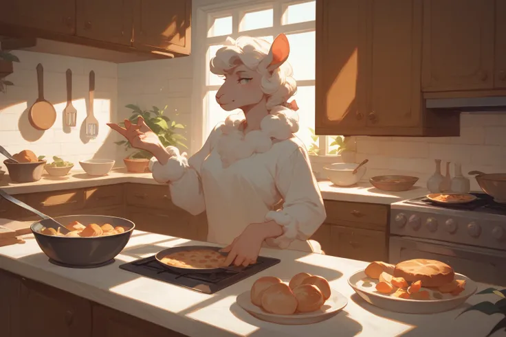 furry, white sheep, female, fantasy demeanor, Affable, Luxurious clothing, dynamic poses, in rustic baking kitchen, solo, emotio...