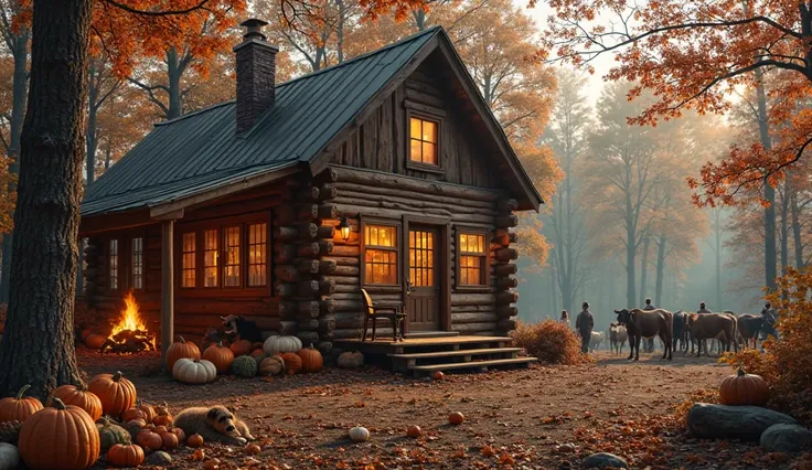 A cozy log cabin nestled in the woods, surrounded by autumn foliage and pumpkins, with warm firelight from the windows casting a...
