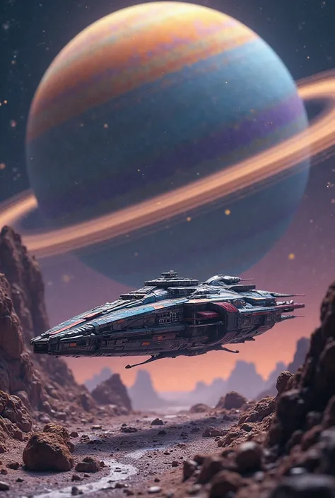 Megatron miniature landscape background planet Saturn and Klingon ship next to the planet