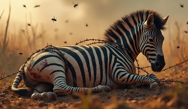 Close-up of the zebra's injured body wrapped in barbed wire, flies buzzing, savanna heatwaves in the background