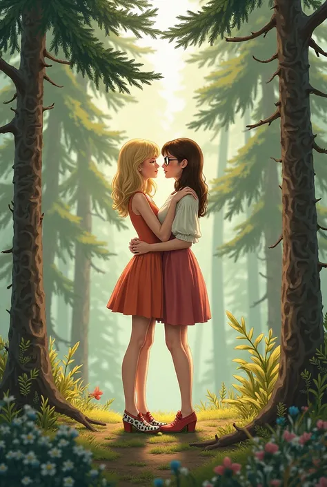 2 women in love, one tall blonde and one short brown wearing glasses in a pine forest wearing drawing-style shoes