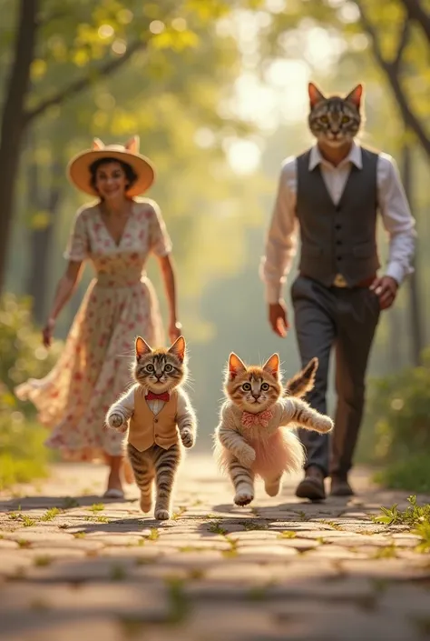 On a sunlit, tree-lined garden pathway, two small, fluffy kittens鈥攐ne male and one female鈥攄ash joyfully forward, running upright...