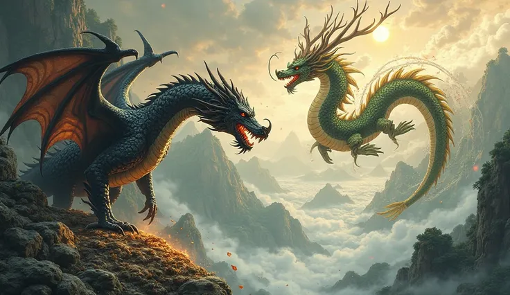 A symbolic scene illustrating the cultural difference between Western dragons and the traditional Chinese "Lung" (Long). On one ...