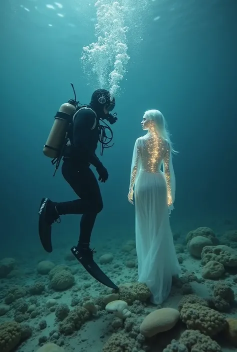 Photoreal,  SLR during homework, seabed, deep sea, Character 1: man swimming in a diving suit, Gas cylinder, mask, Foot fins , a...