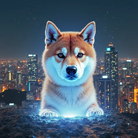 landscape photography,dynamic,A hologram image of a,(Japan),(Future city:2.0),(((A hologram image of Shiba Inu's face is projec...