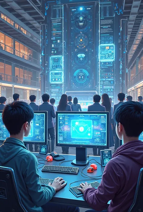 create computers and new technologies for a photo that is painted there and the center is painted with large and bright colors t...