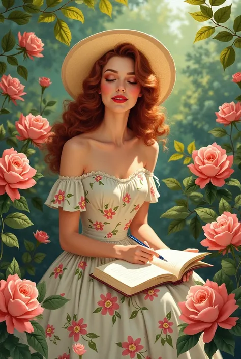 A vintage magazine illustration, circa 1950s, depicting a gorgeously dressed woman with flowing auburn hair journaling in a vibr...