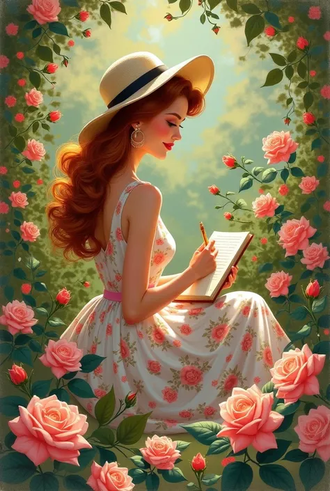 A vintage magazine illustration, circa 1950s, depicting a gorgeously dressed woman with flowing auburn hair journaling in a vibr...