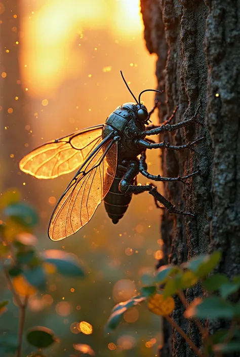 A robotic cicada clinging to a glowing tree trunk, its transparent wings vibrating with sonic waves, surrounded by neon-lit vege...