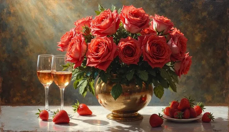 A ray of light in the haze, game world and ie, volume highly detailed large bouquet of red roses in a vase, two glasses of wi...