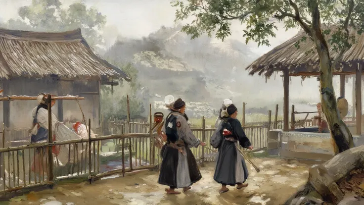 Reminder 10: “Illustration of feudal China, with scenes of the countryside, four-paneled costumes, turbans with straps, wooden c...