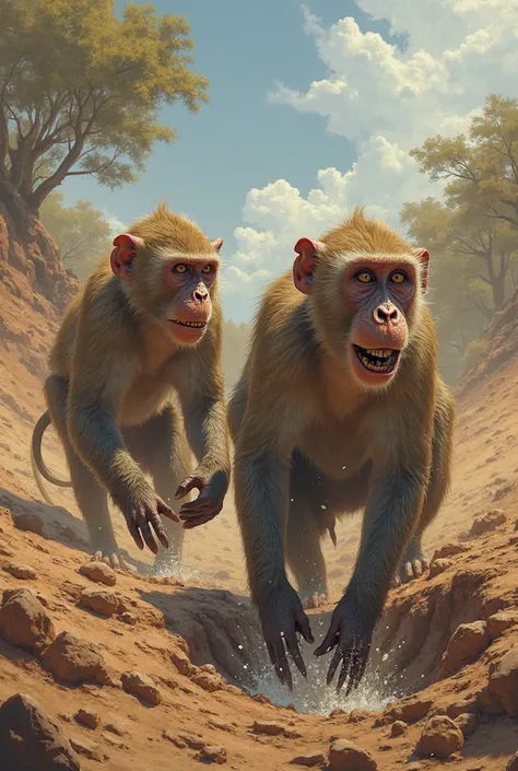 Mas, after some time, uma seca se instala. Then, os macacos, In search of water, cavam um buraco.