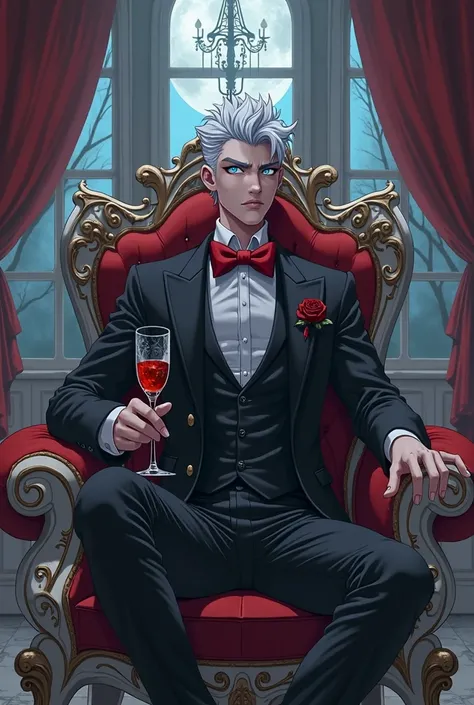 Anime vampire aristocrat, short spiky white hair, glowing icy blue eyes, wearing a sleek black tuxedo with crimson bowtie and bl...