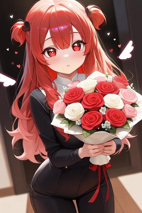 1girl, masterpiece, best quality, front view, dutch angle, Hearts are flying, (A little character girl is holding out a bouquet ...