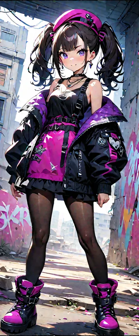 (Beautiful Girl : 1.3),1 girl,(black and purple punk fashion,hat,frilly skirt,thick soled boots,earring,Necklace),dark haired,tw...