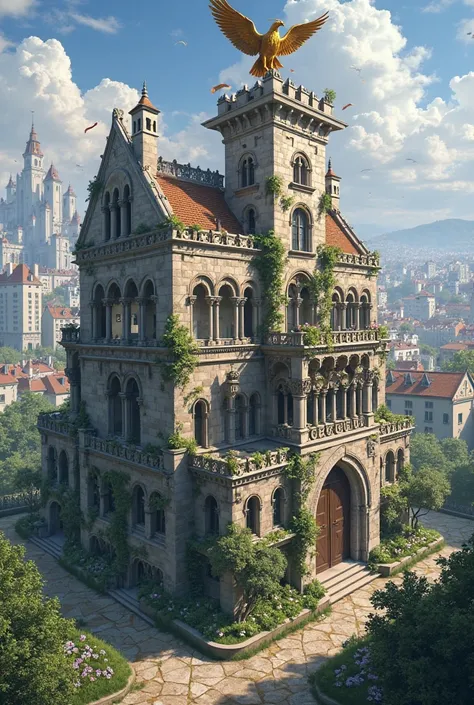Create a castle that is positioned in a city. The castle is made of stone and has 100 balconies with decorative plants and a hug...