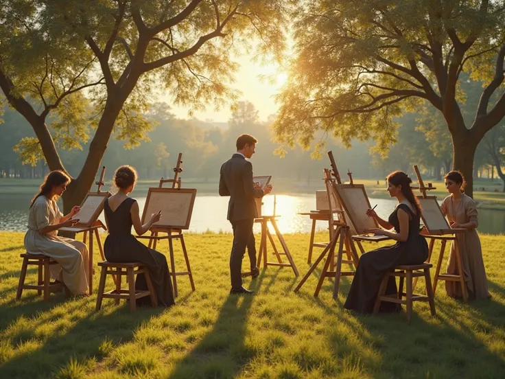 A classical realism oil painting of an elegant 19th-century circle of easels and wooden stools
in a grassy park clearing, golde...