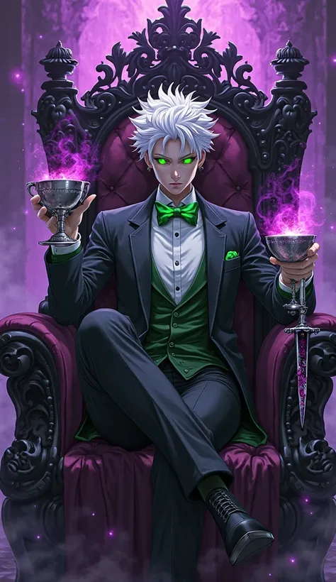 Anime dark necromancer lord, short spiky white hair, glowing toxic green eyes (necrotic energy), wearing a tailored black tuxedo...