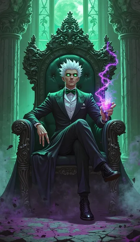 Anime dark necromancer lord, short spiky white hair, glowing toxic green eyes (necrotic energy), wearing a tailored black tuxedo...