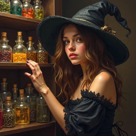 a fantasy portrait of a young witch, reaching with her arm into a shelf full of potions, potions of herbs, herbs, Brown hair, re...