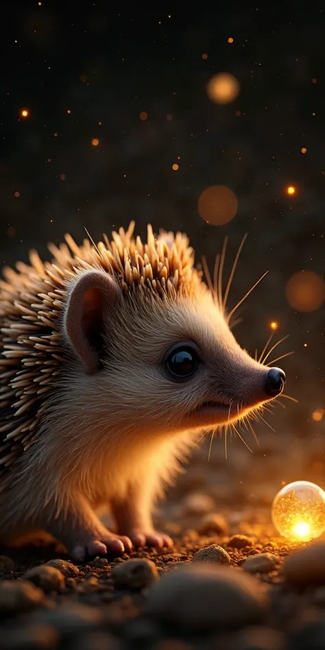 Side view close-up of a baby hedgehog’s face, its quills glowing faintly with stardust-like golden light. The eye glows with cur...