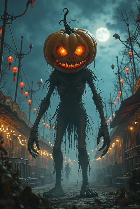 Supernatural  creepy pumpkin head mutant  in abandoned carnival at night