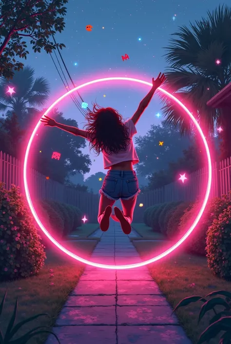 Illustrate a jumping through a neon-lit hula hoop, but instead of just spinning, the hoop has become a shimmering portal to a 8...