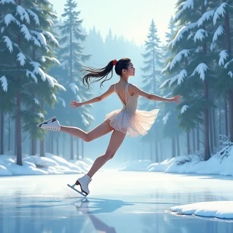35 year old Japanese woman figure skating、Frozen Lake、In a beautiful green forest、fantastic atmosphere、Full Body、 sunny winter d...