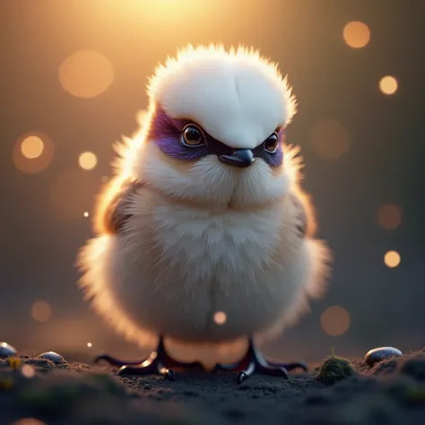 A mesmerizing close-up portrait of a beautiful little bird illuminated by the soft golden light of a quiet morning, with vibrant...
