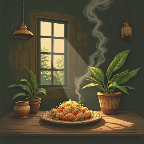 Ikon: Siluet rumah joglo (atap khas Jawa) with thin smoke billowing from the kitchen.
Aksen: Woven plate of bamboo or banana le...