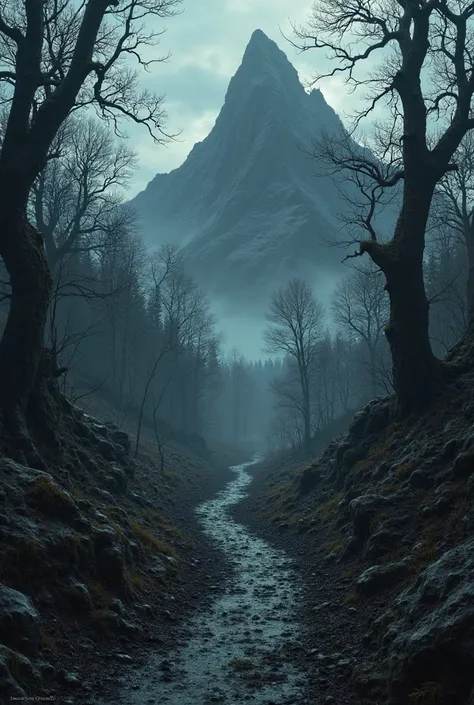 A scary and dark hiking forest and a mountain beside it and a faint necklace on the muddy floor of the mountain for book cover s...