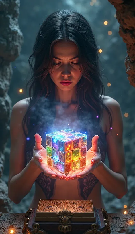 A stunningly beautiful and sensual sorceress in a mysterious cave, depicted in hyper-realistic 3D. She has captivating eyes, per...