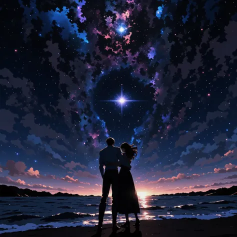 dark night with mold、Night sky with lots of stars twinkling、2Two large planets、A big shining planet is falling from the right、a ...