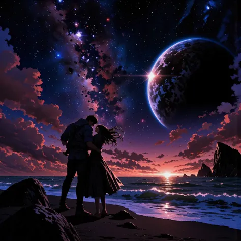 dark night with mold、Night sky with lots of stars twinkling、2Two large planets、A big shining planet is falling from the right、a ...
