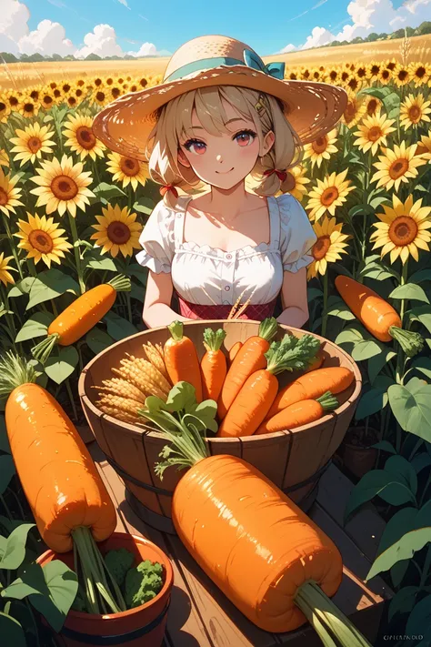 Illustration of carrots, potatoes, wheat, chestnuts, and sunflower seeds in a large circle